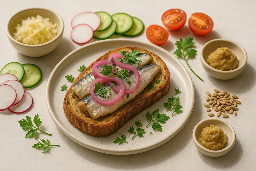 Tostada de sardina con cebollas en escabeche