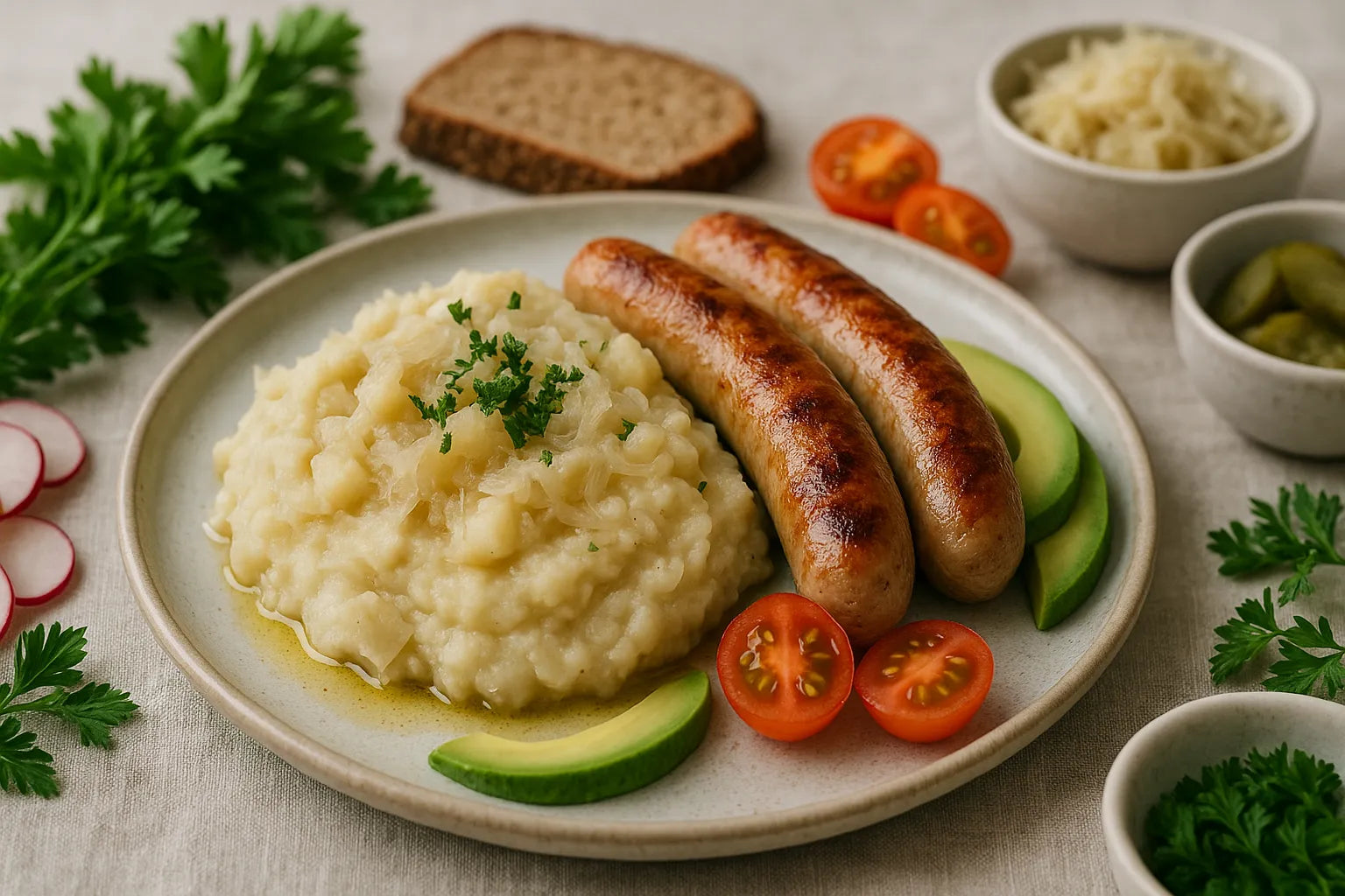 Sauerkraut mash with apple and chicken sausage