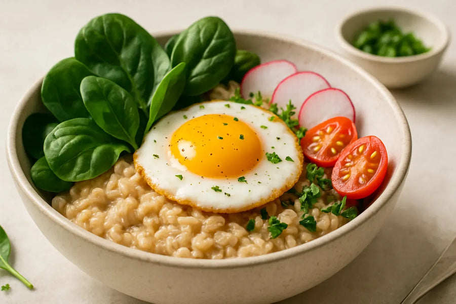 Tazón salado de avena con espinacas y huevo