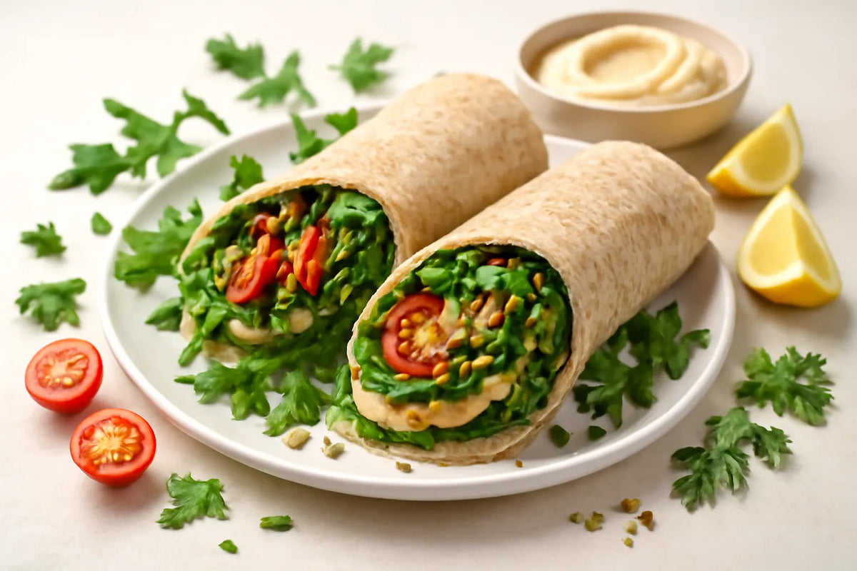 Wrap aux graines, houmous et salade d’herbes