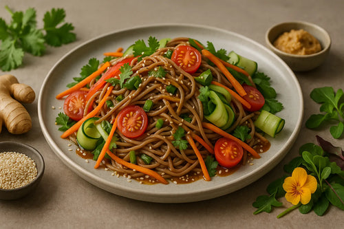 Sałatka z makaronem soba, imbirem i sezamem