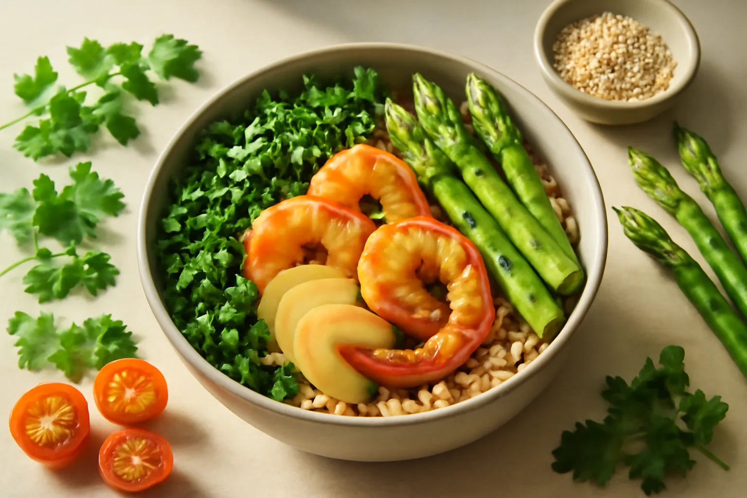 Shrimp Asparagus Ginger Soy Pokebowl
