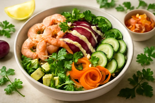 Shrimp Beetroot Lemon Tahini Pokebowl
