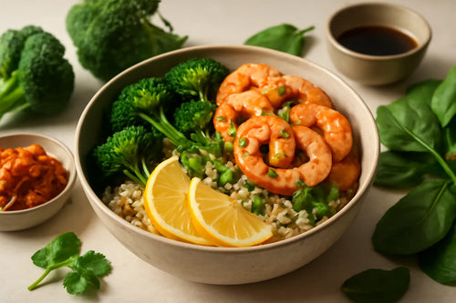 Shrimp Broccoli Lemon Soy Pokebowl