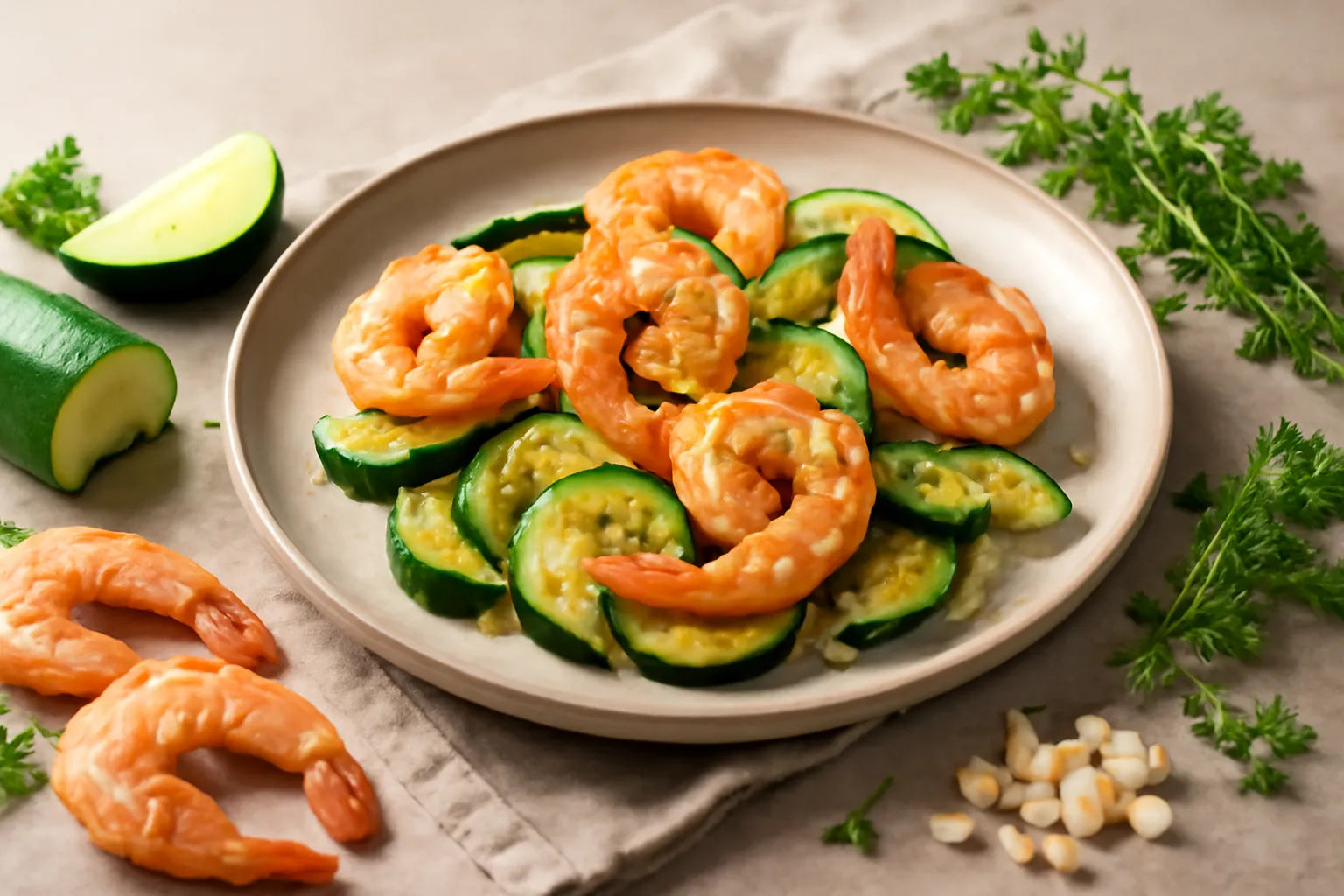 Garnalen met knoflook en courgette