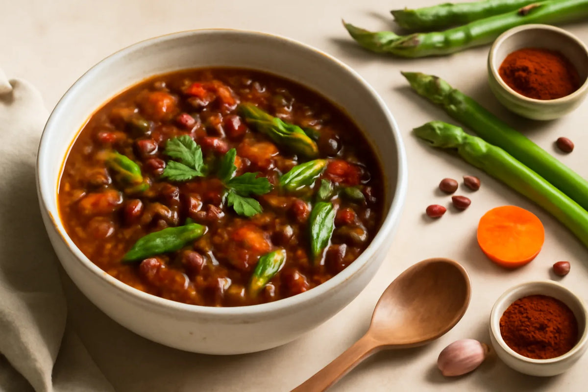 Ragoût de haricots azuki et d’asperges mijoté avec du paprika fumé