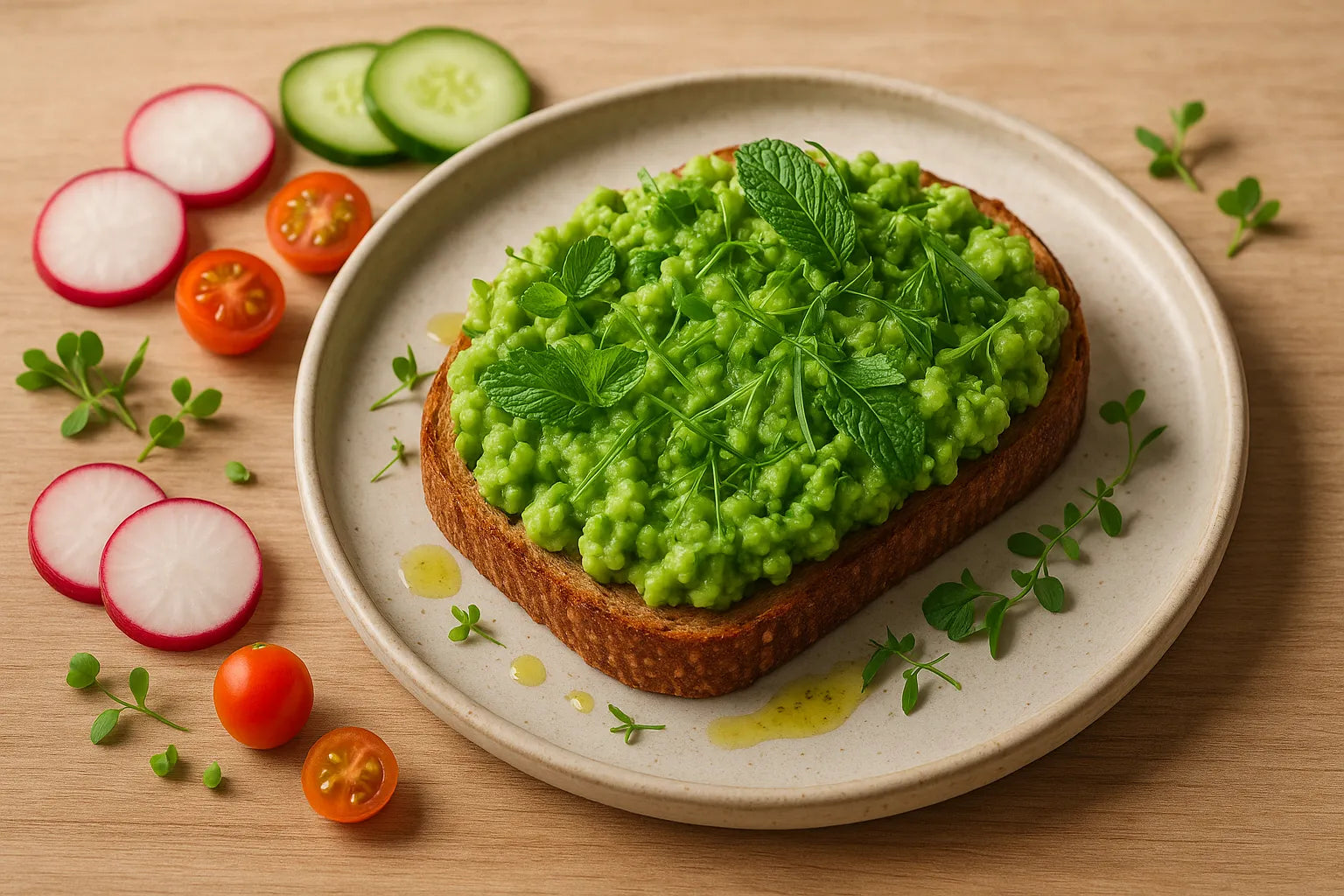 Tostada de guisantes aplastados con menta