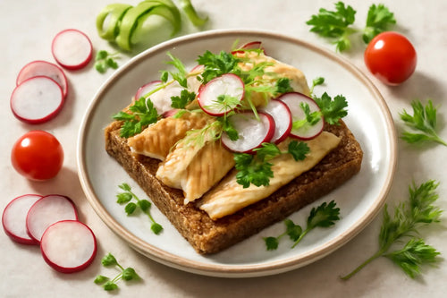 Smoked mackerel with rye bread and radish
