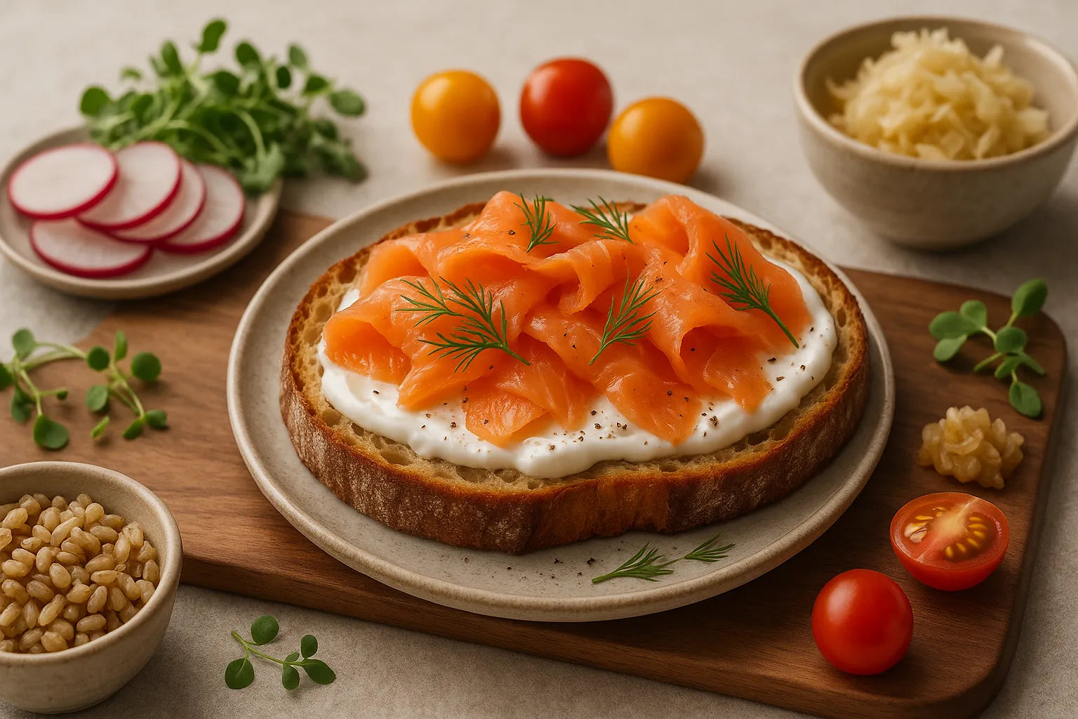 Tostada de yogur con salmón ahumado y eneldo