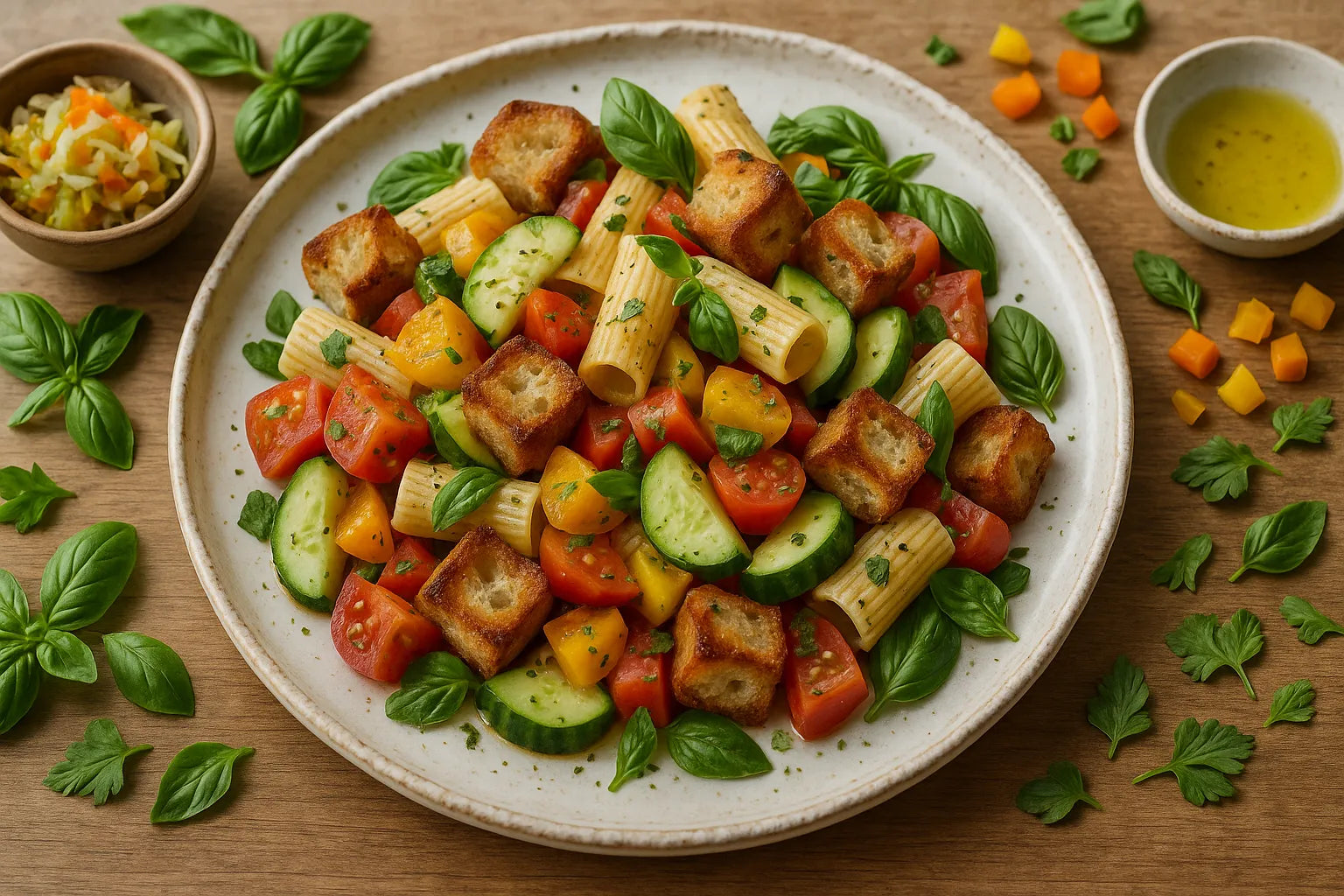 Sałatka makaronowa z croutonami z chleba na zakwasie i panzanellą
