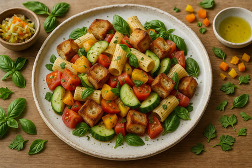 Sałatka makaronowa z croutonami z chleba na zakwasie i panzanellą