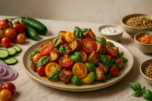 Panzanella au levain avec des tomates et du basilic