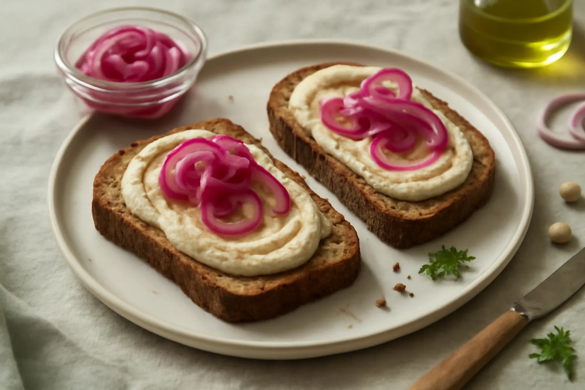 Tostada de centeno con masa madre, hummus y cebolla morada encurtida