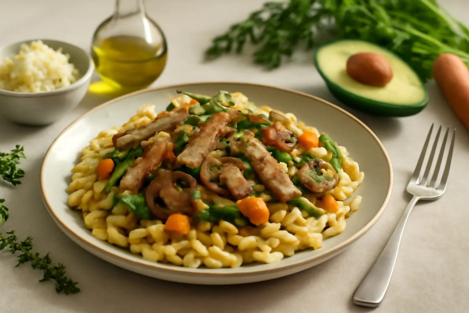 Spaetzle with turkey strips and mushrooms