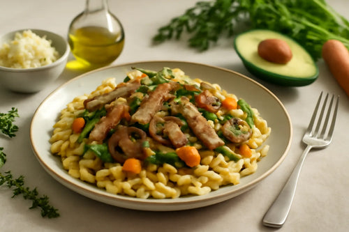 Spaetzle with turkey strips and mushrooms