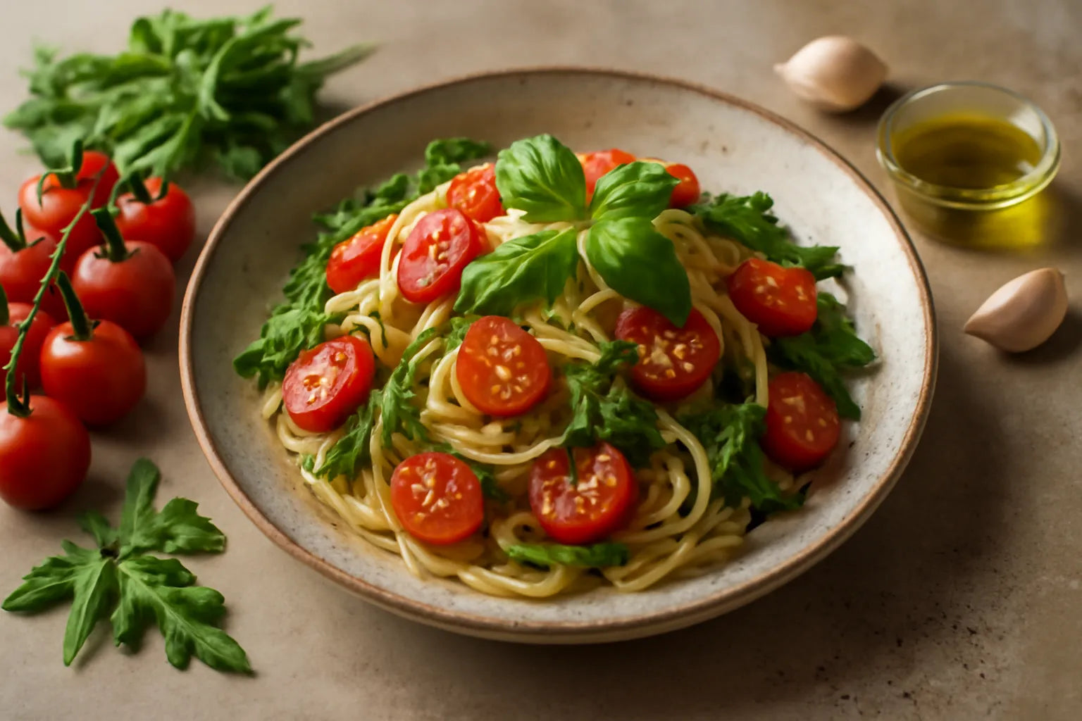 Spaghetti met kerstomaatjes en rucola