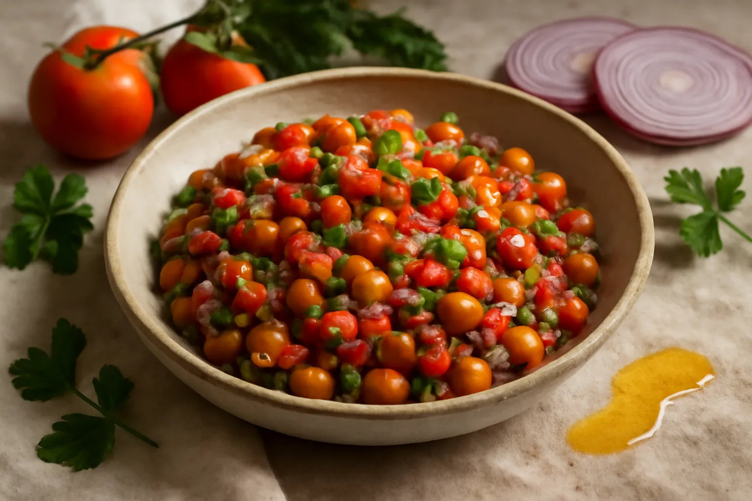 Spanish bean salad with tomato and onion