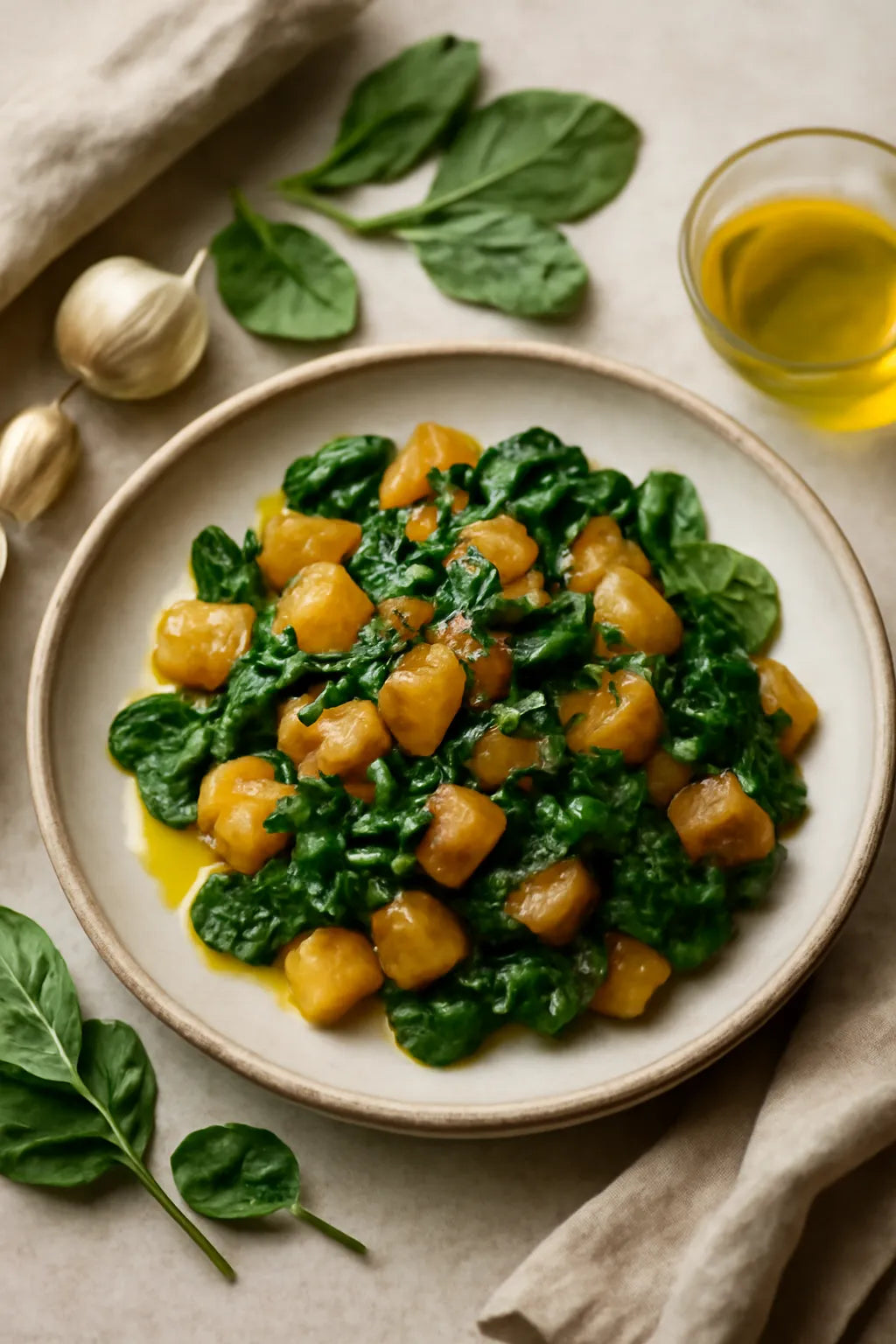 Spaanse aardappel‑spinazie pan