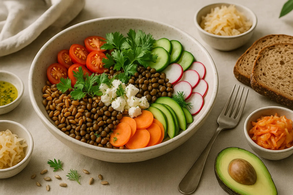 Ciotola di farro perlato con lenticchie e feta