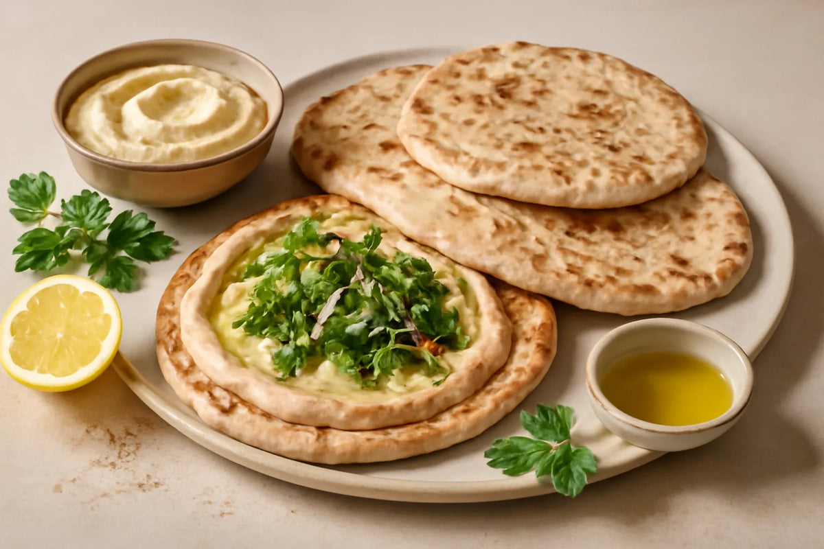 Pain plat à l’épeautre avec houmous et salade d’herbes