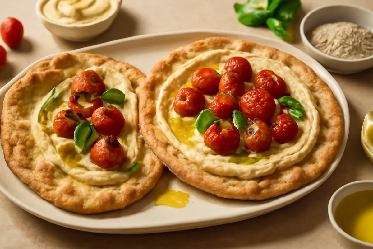 Pain plat à l’épeautre avec houmous et tomates rôties