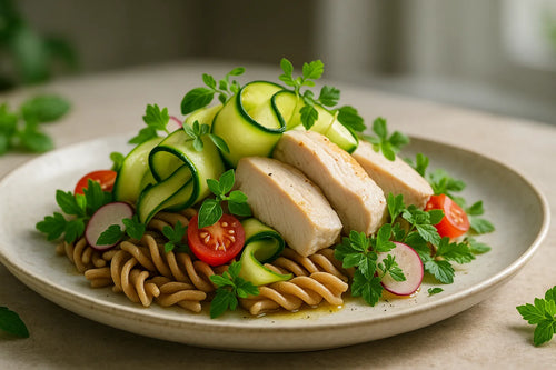 Spelt pasta with chicken and zucchini