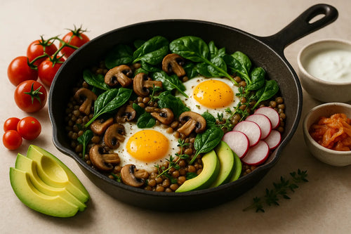 Spinach Mushroom Egg Lentil Skillet