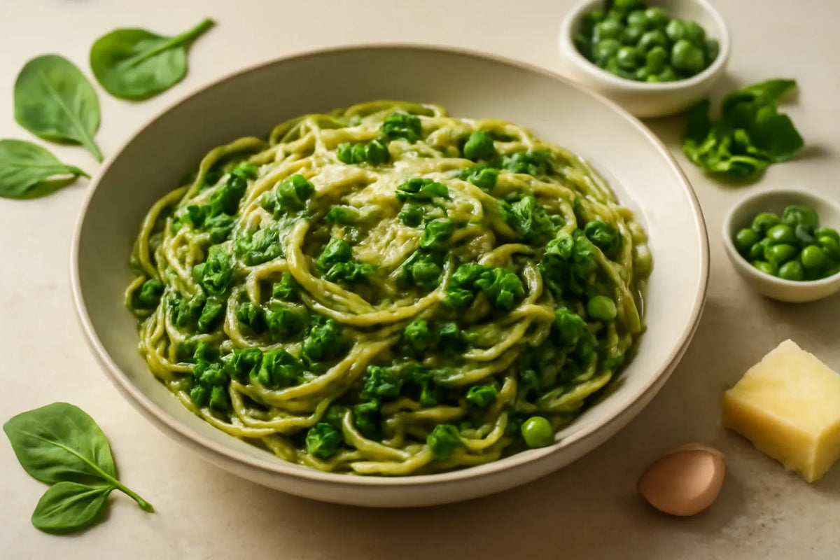 Pasta al pesto di spinaci con piselli