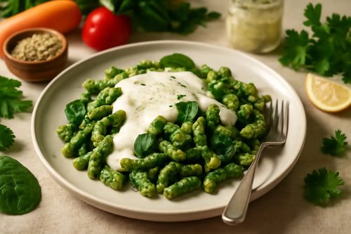 Spinach spaetzle with quark sauce