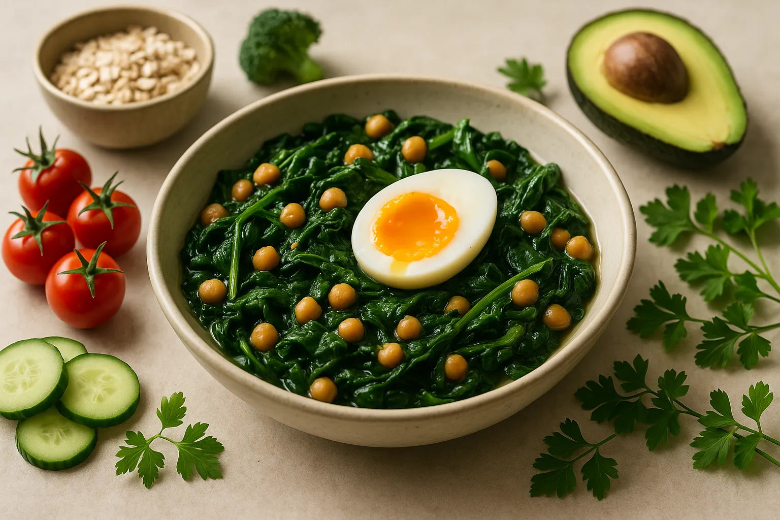 Spinach with chickpeas and egg