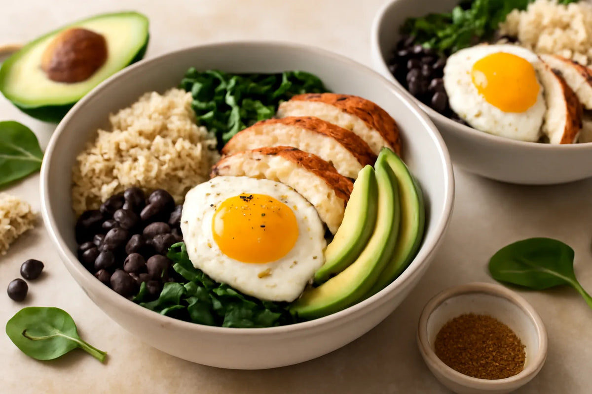 Bowl de petit-déjeuner au poulet, quinoa et haricots pour la récupération sportive