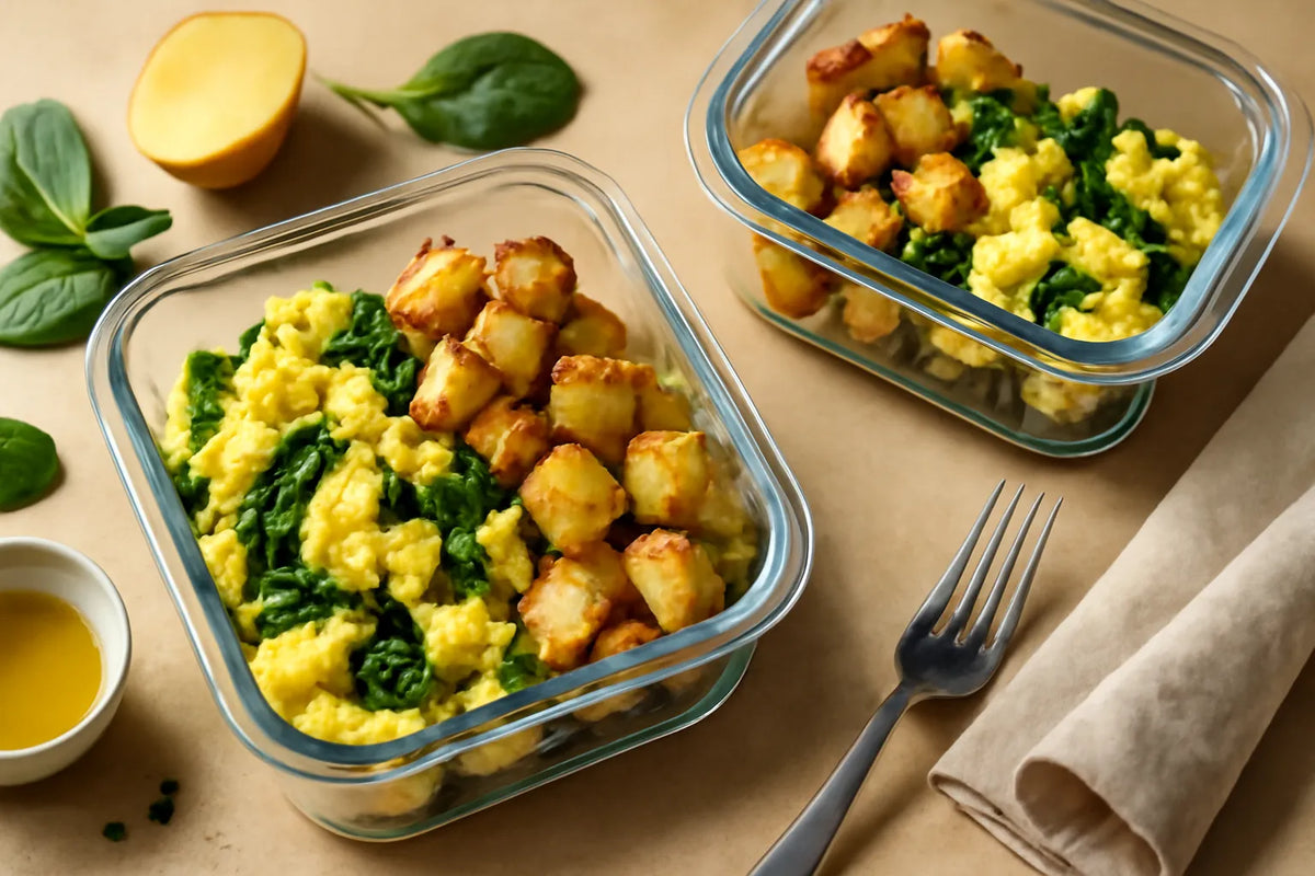 Boîte repas aux œufs, pommes de terre et épinards pour la récupération sportive