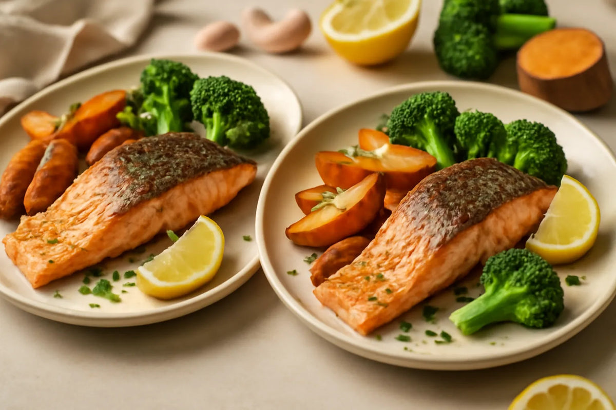 Assiette-repas de récupération sportive au saumon et à la patate douce