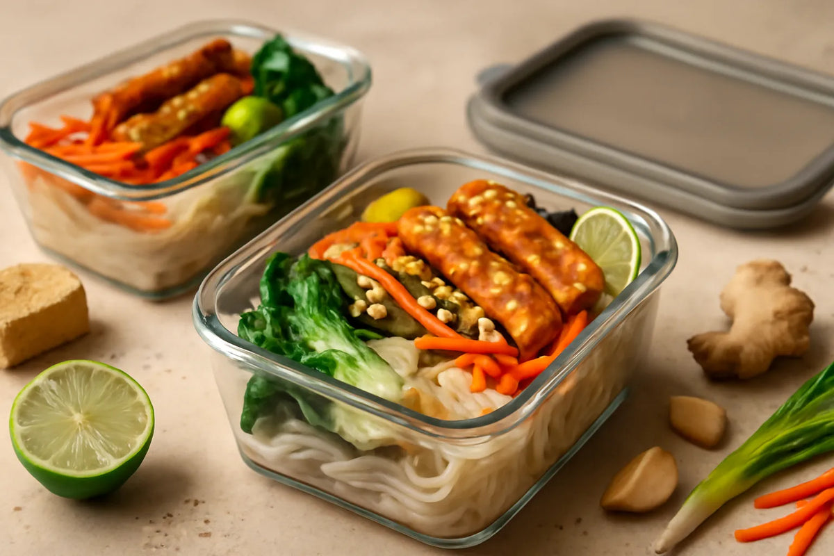 Box repas de préparation au tempeh et aux nouilles de riz pour la récupération sportive