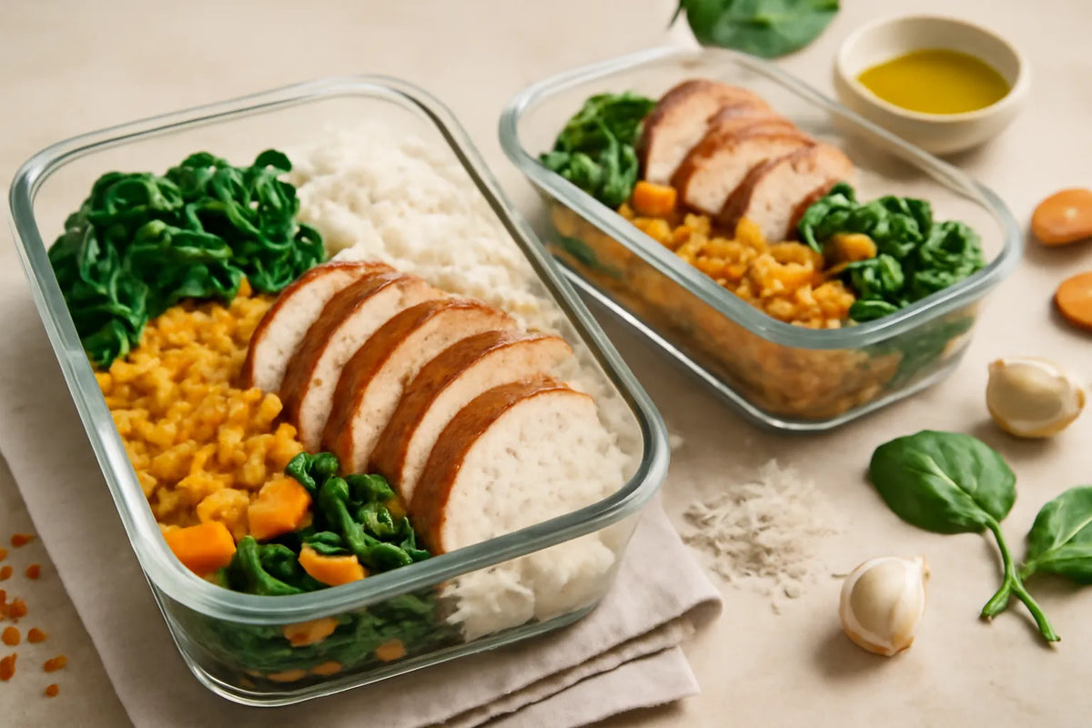 Meal-Prep-Box mit Pute, Linsen und Reis für die Regeneration nach dem Sport