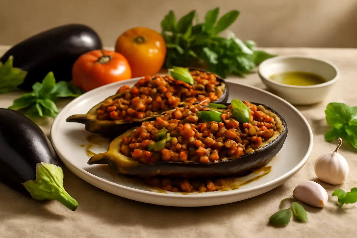 Berenjena rellena con lentejas