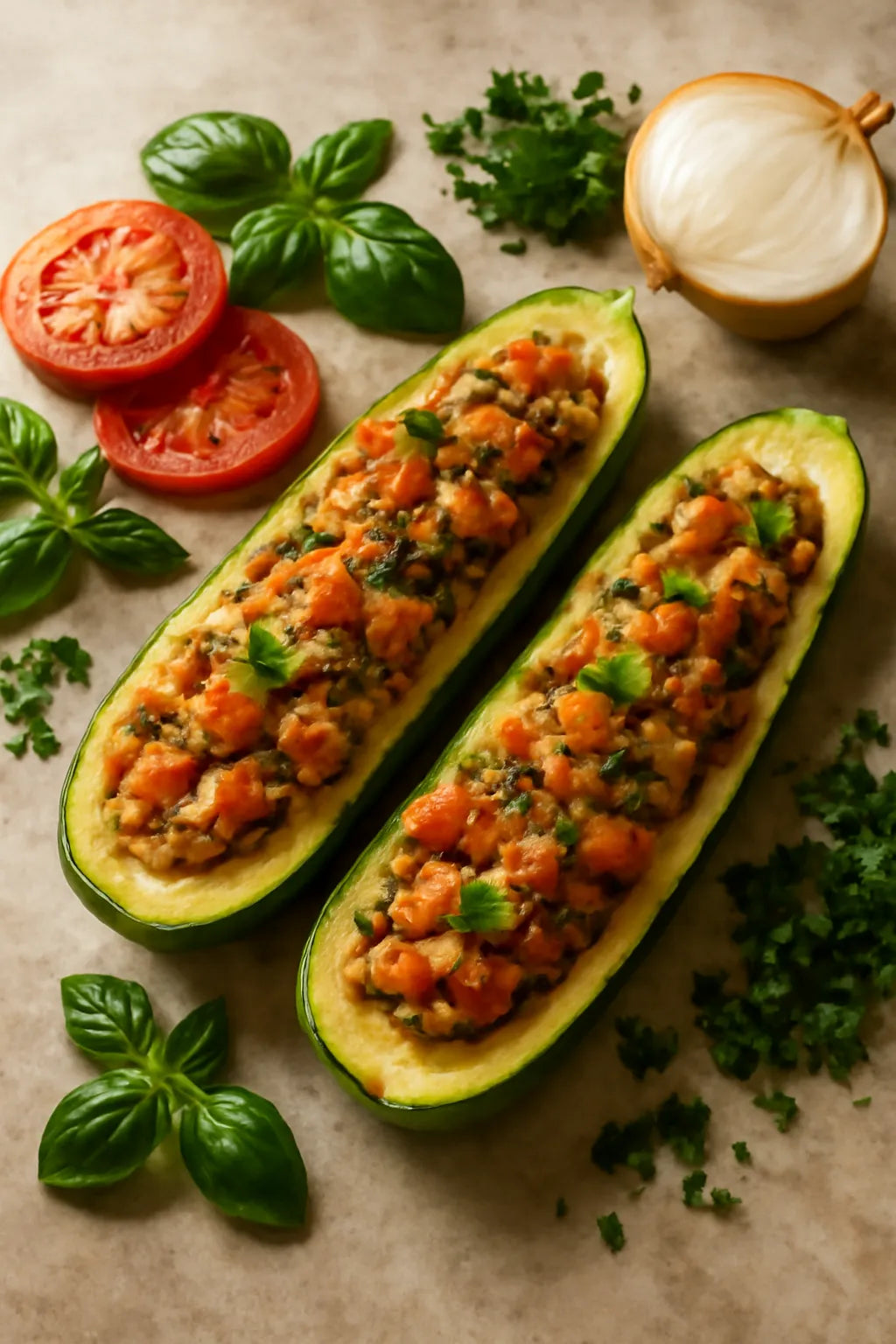 Gevulde courgette met tonijn en tomaat