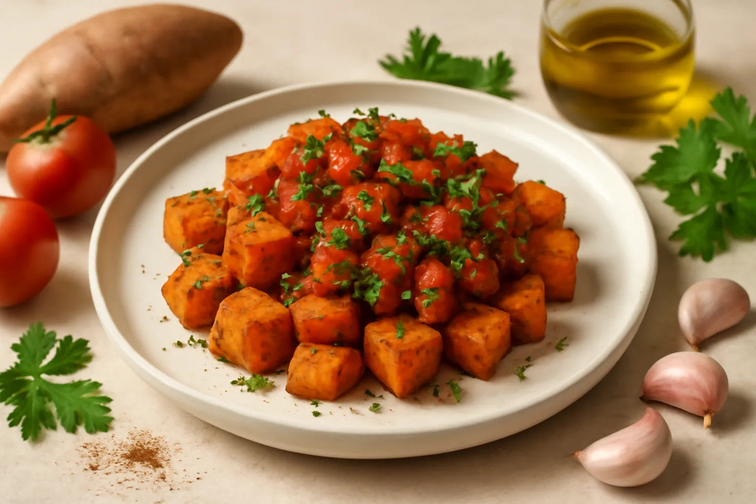Sweet potato bravas with tomato sauce
