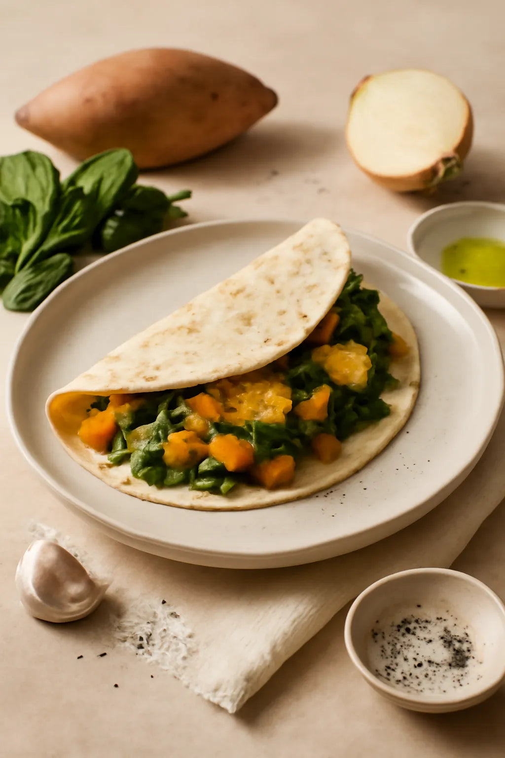 Zoete aardappel-tortilla met spinazie