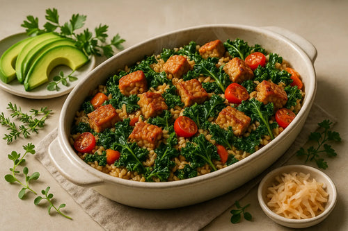 Cazuela de tempeh con arroz integral