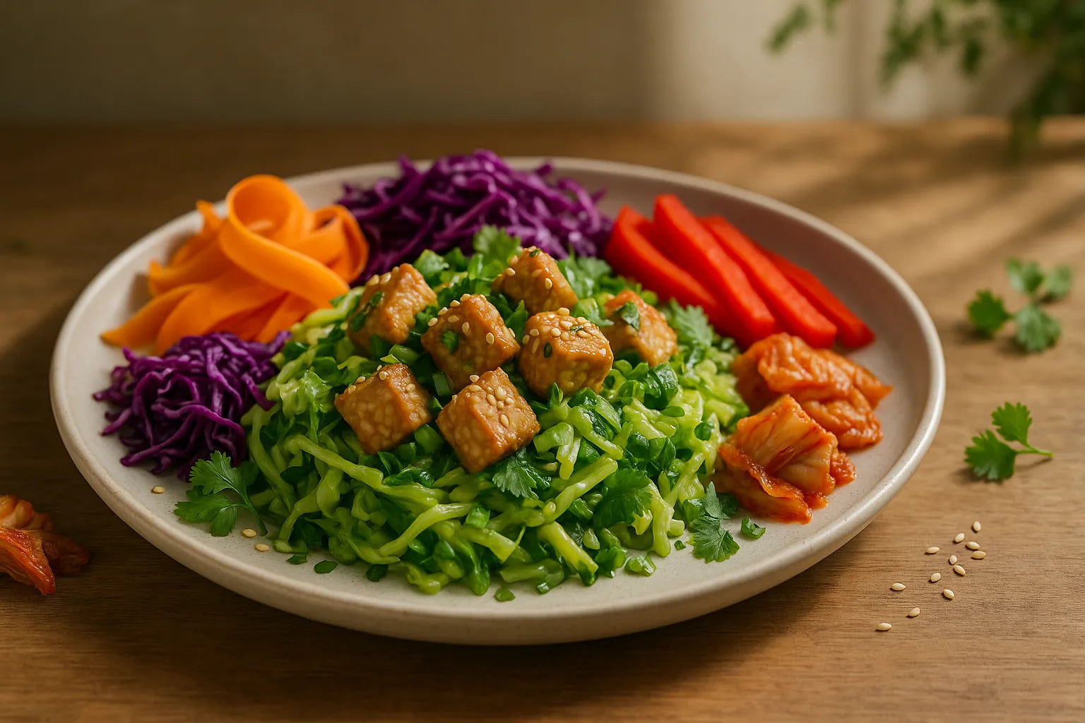 Salteado de tempeh con repollo y sésamo