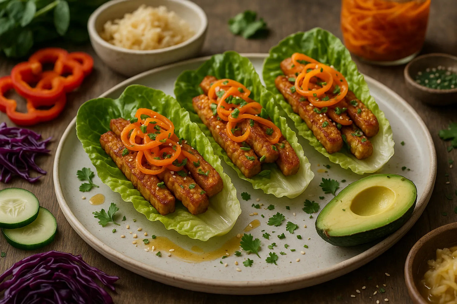 Tempeh Lettuce Cups with Pickled Carrots