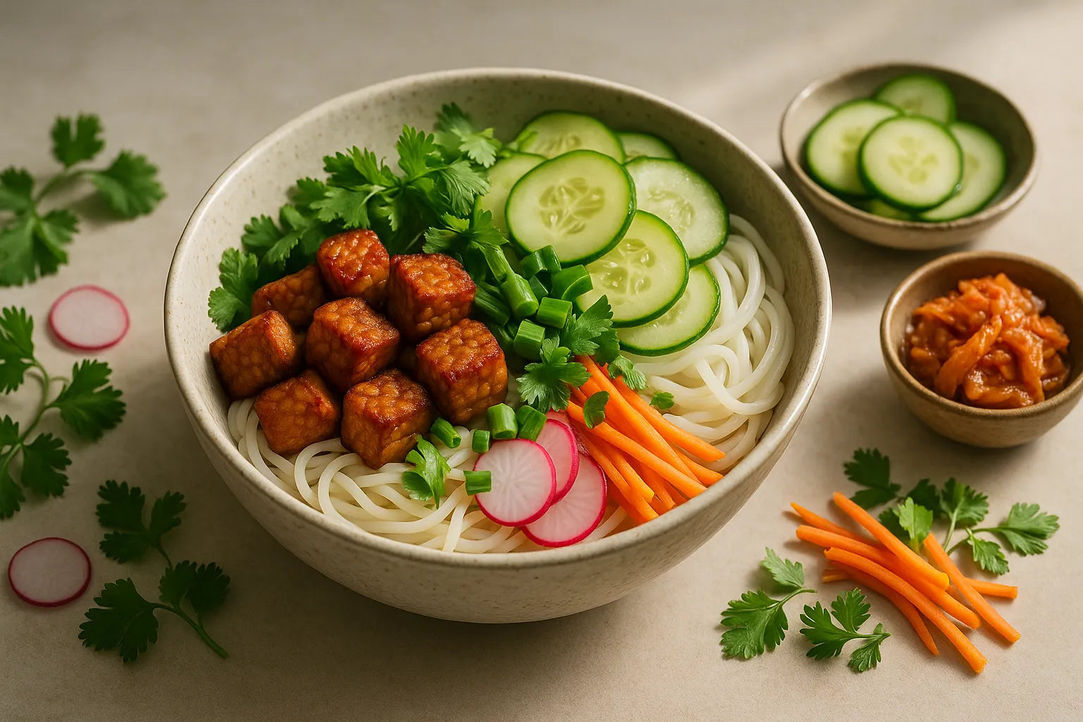 Cuenco de fideos de tempeh con pepino encurtido