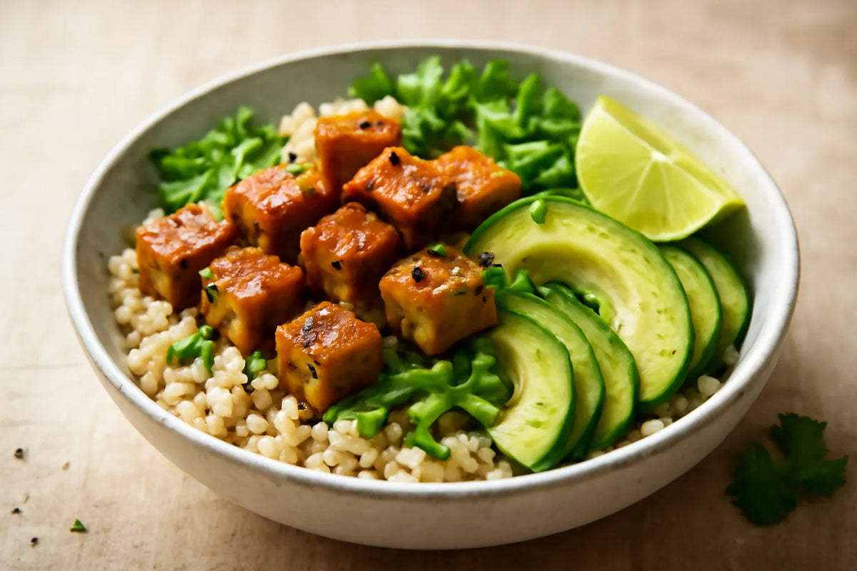 Tazón de tempeh, tofu y cebada