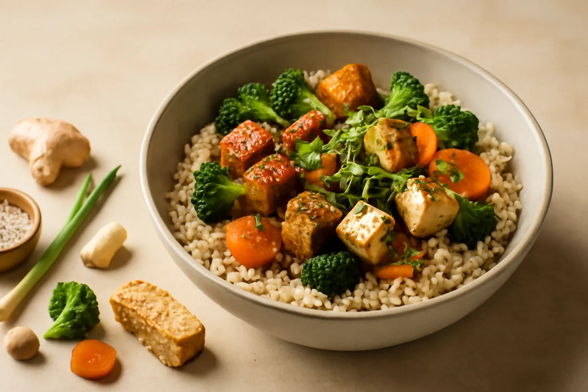 Bol de tempeh, tofu et riz complet