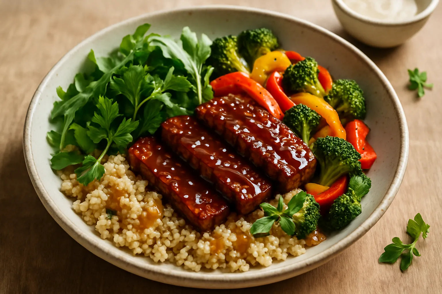 Tazón de tempeh teriyaki con quinoa