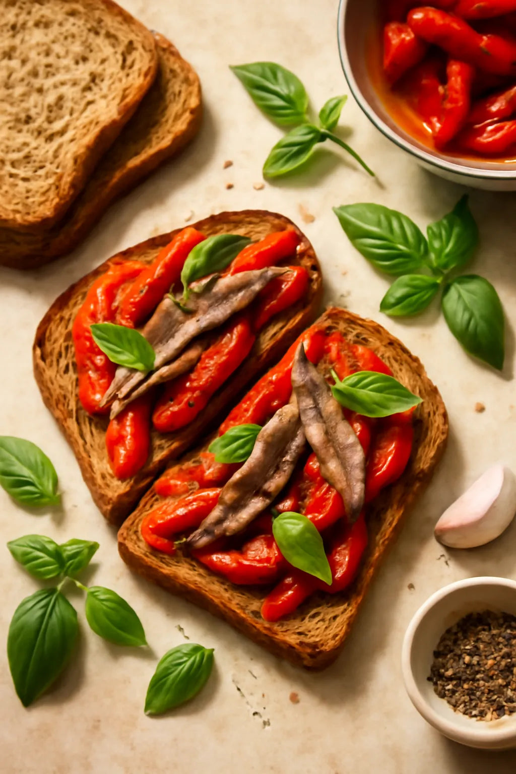 Toast met geroosterde pepers en ansjovis