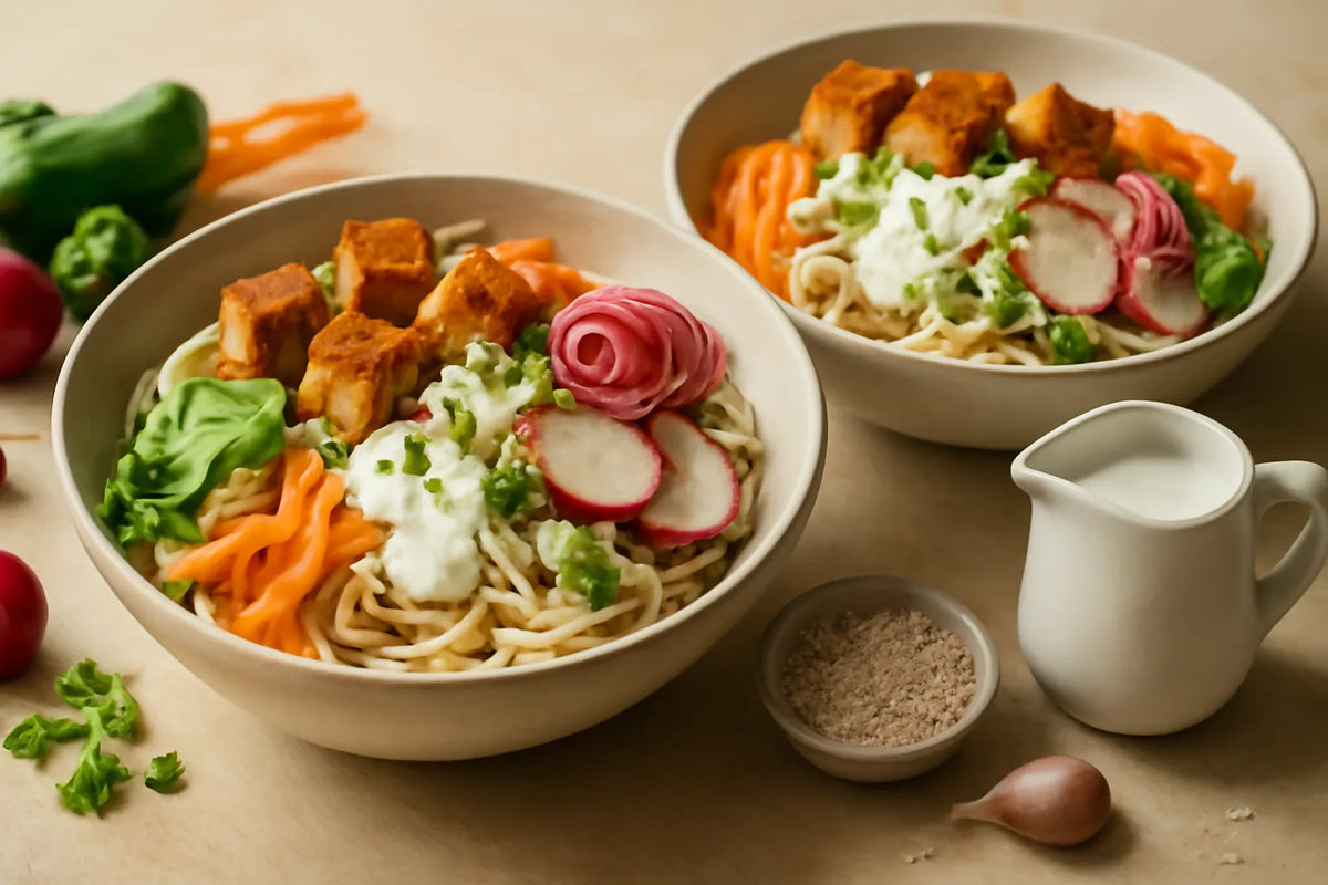 Bowl di noodles con tofu, kefir e verdure sottaceto