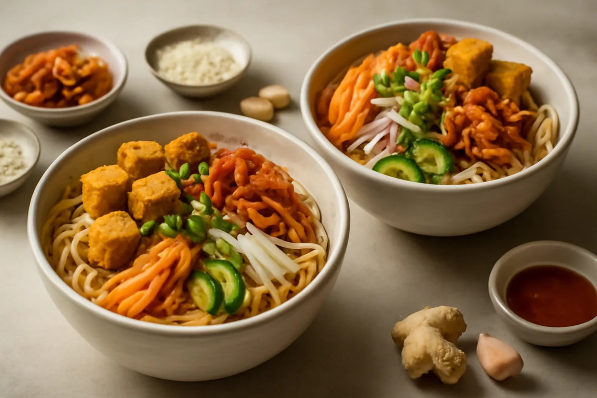 Bowl de nouilles au tofu et au kimchi avec légumes marinés