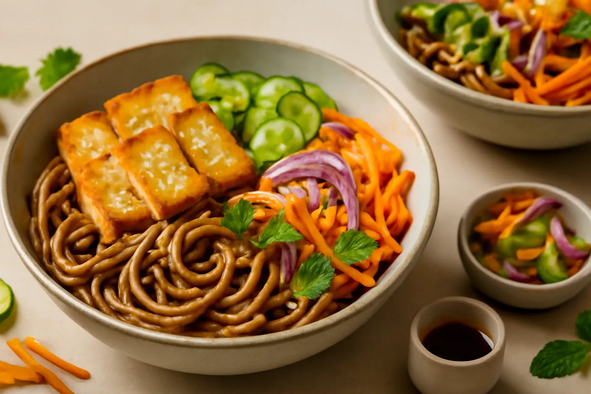 Bol de nouilles au tofu et au concombre mariné, avec légumes marinés